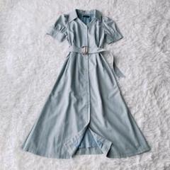 美品 スウィングル　ベルトワンピース 五分袖麻調Vネックシャツワンピース