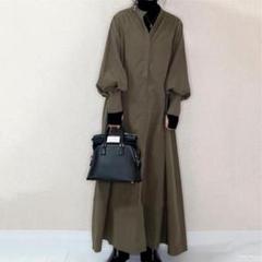 カーキフレアワンピース　シャツワンピース　ロングスカート