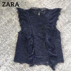 ZARA ザラ　トップス　レース　花柄　半袖　レディース　ネイビー　M