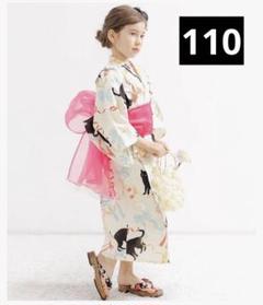 女の子　浴衣　110 猫柄　ネコ　リボン　女の子向き浴衣