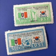 5679 外国切手 【超レア品】韓国 1951年 国連軍参戦 イタリア 韓国2種 KOREA, 1951-52. War Participation Flags Italy.154a Block