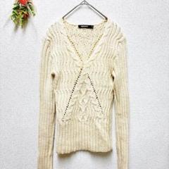 dkny 【F】ニット 編み Vネック 毛100% オフホワイト 透け感
