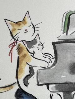 雨田光弘 チェロを弾くネコ　水彩画　落款 雨田 光弘 「ヴァイオリンをひく仔猫」 Mitsuhiro Amada - 創業