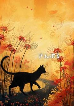 995 オリジナル アニマルステッカー 動物 黒猫と彼岸花 4枚のサムネイル