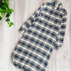 ichi イチ　チェックシャツロングワンピース　コットン　紺