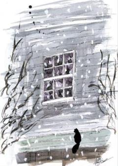 原画#3860 雪 黒猫 ニューヨーク 水彩画 ドローイング