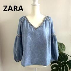 【ザラ ZARA】 Vネック デニムシャツ 刺繍 花柄 M ブルー 長袖 シャツ