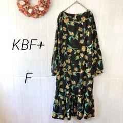 KBF+　長袖フラワープリントロングワンピース　ブラック　F　総柄　秋ワンピ