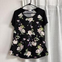 花柄 半袖Tシャツ XS/TP ブラック 黒 花 手書き風 二の腕カバー