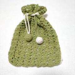 透かし編みの巾着ポーチ*緑白*バイカラー*ハンドメイド