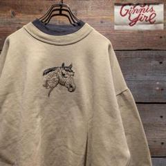 80s　USA製　ビンテージ　モックネック　アニマル刺繍　馬　オーバーサイズ　茶