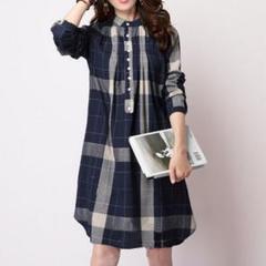 かわいい 立ち襟 シャツ チュニック Aラインワンピース チェック柄L3