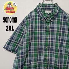 usa古着 sonoma　半袖ボタンシャツ2XL　グリーンネイビー　チェック