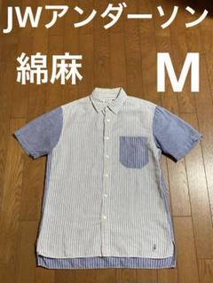 ユニクロJW　半袖シャツ　白×青　綿麻　ストライプ　Ｍ