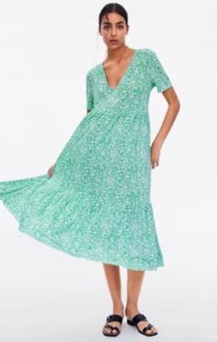 新品☆ZARA ザラ 花柄ワンピース グリーン L