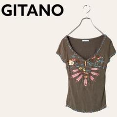 Tシャツ Ｖネック カーキ GITANO 刺繍 ビーズ 天然石 レディース