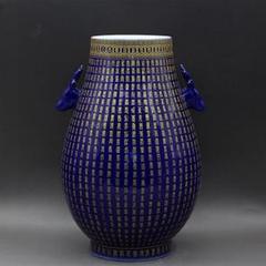 霽藍蒔金万寿鹿頭樽  景徳鎮 陶磁器 装飾品 現代工芸品 美術品 置物 霽藍蒔金万寿鹿頭樽 景徳鎮 陶磁器 装飾品 現代工芸品 美術品