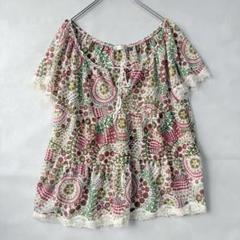 美品☆ザジー ペイズリー柄トップス 半袖ブラウス 38/M フレアカットソー