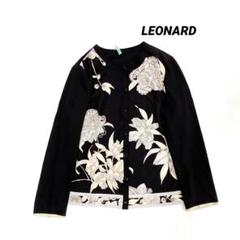 レオナール カーディガン 花柄 フラワー チェーン LL ブラック 肩パッド レオナール LEONARD 花柄 カーディガン