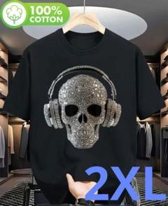 カッコイイ✨l スカルヘッドフォンデザインプリントTシャツ 黒 2XL