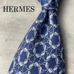 美品 HERMES エルメス 六角形 水玉柄 総柄 ネクタイ ブルー 青