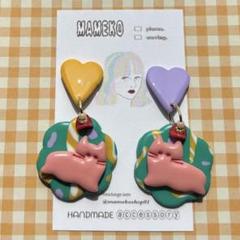 一点 ねこ フラワー 80S ポリマークレイ 昭和レトロ VINTAGE ピアス