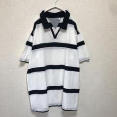 ストライプ ポロシャツ ホワイト/ネイビー 大きめ 薄手 涼しい　L