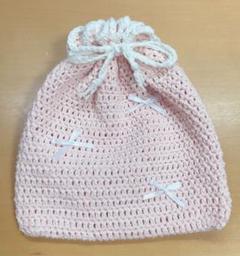 編み物 巾着 ハンドメイド ピンク 白 リボン