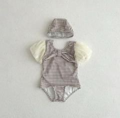 値引中！ベビー　水着　80 90 チェック柄　フリル　帽子付き　可愛い　海