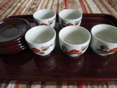 前畑陶器　茶托付煎茶揃　雪野　　茶碗・茶托５客セット　【釉薬貫入】