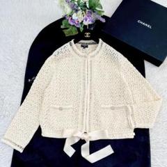美品★CHANEL★カメリア★リボン★手編み★ノーカラー★ジャケット 美品☆CHANEL☆カメリア☆リボン☆手編み☆ノーカラー☆ジャケット