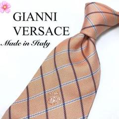 【美品】GIANNI VERSACE ネクタイ 格子 ブランドロゴ オレンジ 橙