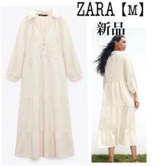 【新品タグ付き】ZARA リネンブレンド　パネル　ミディ　ロングワンピース