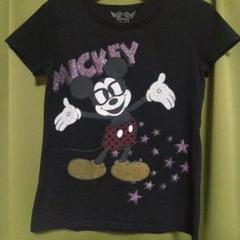 Disney　ミッキーマウス　ラメ入リTシャツ メガネミッキー　M