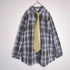 ネクタイシャツ (L) ネクタイセット 長袖 ギャザー ネイビー 古着