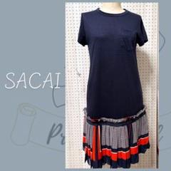 希少✨サカイ Sacai サイズ2 クルー 半袖 ひざ丈 プリーツ ワンピース 希少✨サカイ Sacai サイズ2 クルー 半袖 ひざ丈 プリーツ