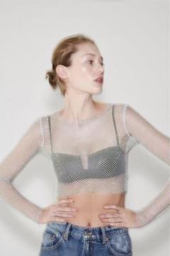 ZARA ラインストーン メッシュ クロップドトップス - メルカリ
