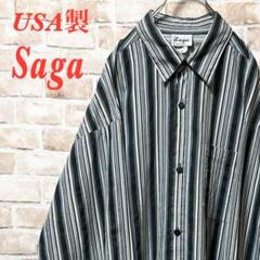 ☆USA製☆ Saga☆長袖シャツ☆ストライプ☆ブラック☆ホワイト☆2X☆