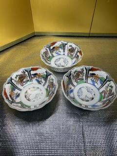 明治時期 色絵染付風景紋 丼皿 3枚