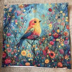 大きい　クッションカバー　小鳥　花　植物　可愛い　ブルー　青　鳥　動物　カラフル