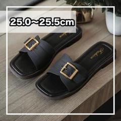 黒 サンダル スクエアバックル ゴールド おしゃれ ぺたんこ 夏 デート 韓国