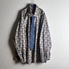 【ネクタイシャツ】70年代風 XL ペイズリー 長袖 胸ポケット レトロ 黃 青