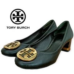 【美品】✨Tory Burch 22cm パンプス 黒 リボン ロゴ金具 5M 美品！トリーバーチ ロゴ Tory Burch リボンパンプス パイソン