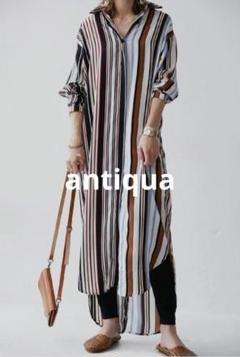 antiqua レディース 長袖 ロング シャツワンピース レトロ ストライプ