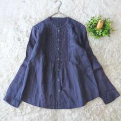エスピエ　ESPIE ネイビー リネン100　バンドカラー長袖シャツ 刺繍入りのサムネイル