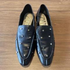 ZARA ブラックレザー スタッズローファー　37 24 ZARA ブラックレザー スタッズローファー 37 24