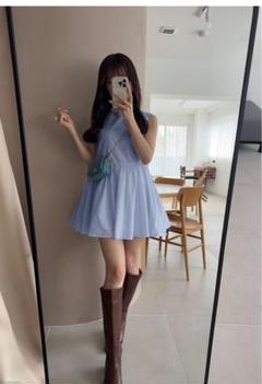 ルミニョン　ノースリーブミニワンピース　ブルーSサイズ ネイビー残りわずか]小柄Sサイズミニ クレリックミニワンピース