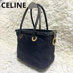 CELINE✨ハンドバッグ　サークル金具　ナイロン　レザー　ネイビー　スクエア CELINE✨ハンドバッグ サークル金具 ナイロン レザー ネイビー