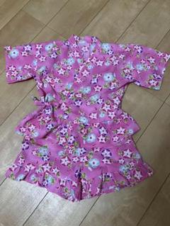 ハンドメイド　女の子　ピンク朝顔柄フリル甚平