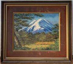 真作】絵画 油彩8号 富士山遠望 雄大な風景と針葉樹林の構図 W49